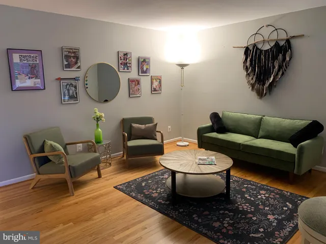 a living room with furniture and a rug