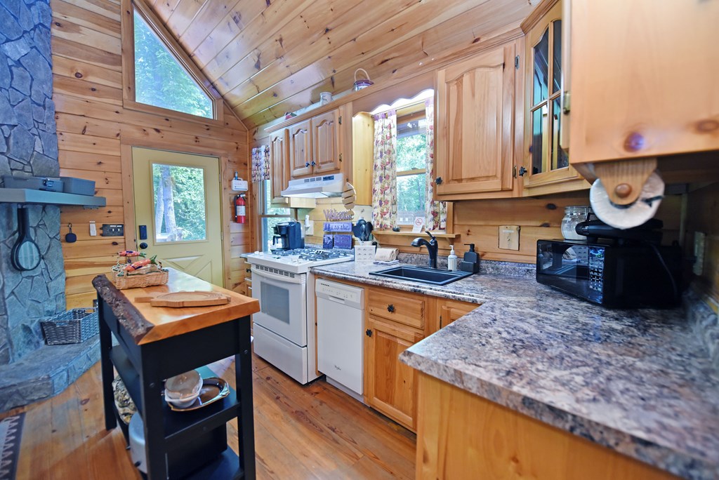 789 Old Mill Pond Road Mineral Bluff, GA 30559 - Photo 30 of 59 a kitchen with stainless steel appliances granite countertop a sink dishwasher stove and cabinets with wooden floor