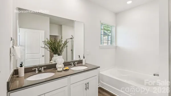 a bathroom with a granite countertop tub sink and mirror