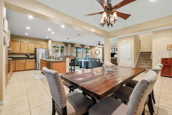 a view of a dining room with furniture