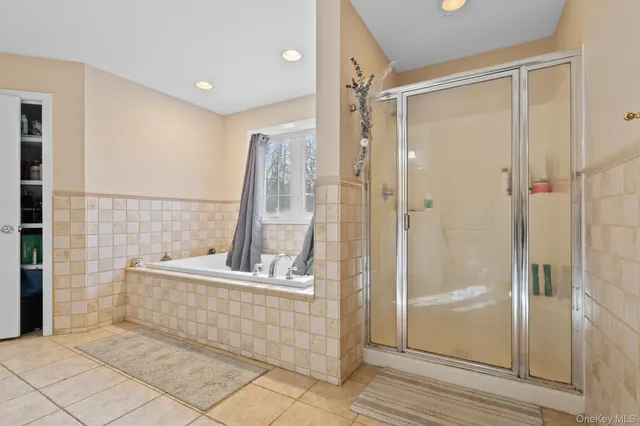 a bathroom with a bathtub and a shower