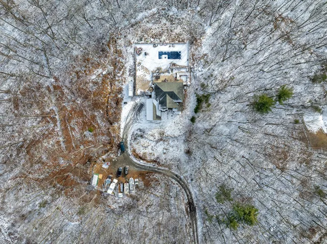 a view of a dry yard with trees