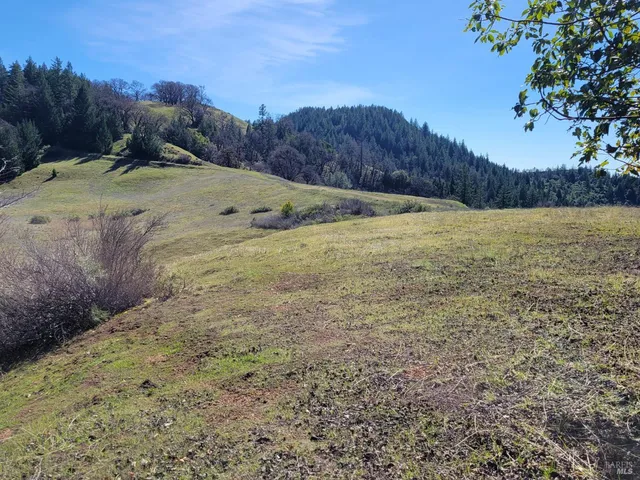 a view of dirt field with mountain in the background