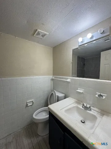 a bathroom with a sink a toilet and mirror