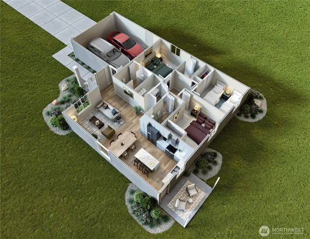 an aerial view of a residential apartment building with a yard