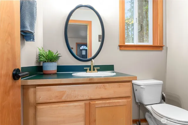 a bathroom with a toilet a sink and a mirror