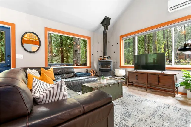 a living room with furniture and a large window