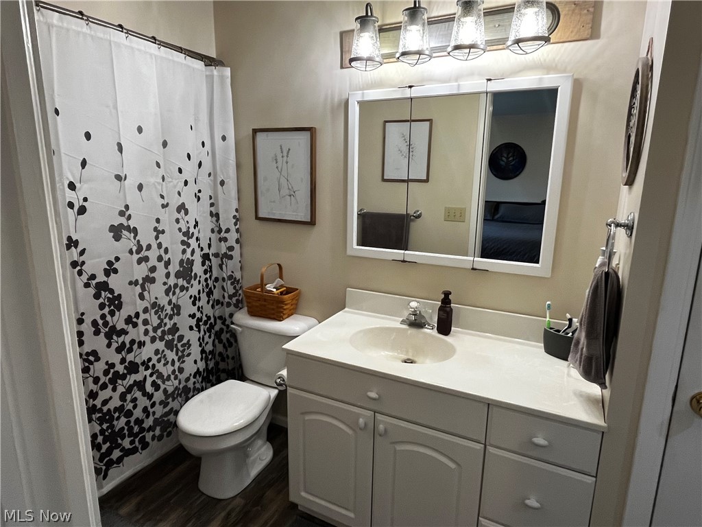 6876 Clark Road Atwater, OH 44201 - Photo 9 of 41 Bathroom with wood-type flooring, toilet, and vanity with extensive cabinet space