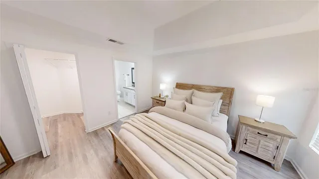 a small room with a white curtain