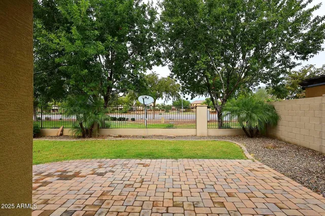 a view of a park with large trees