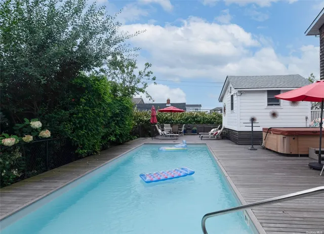 an outdoor space with furniture