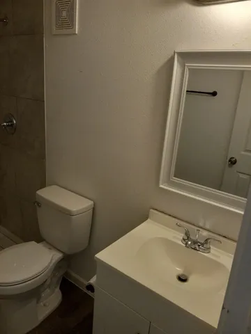 a bathroom with a sink a toilet and mirror