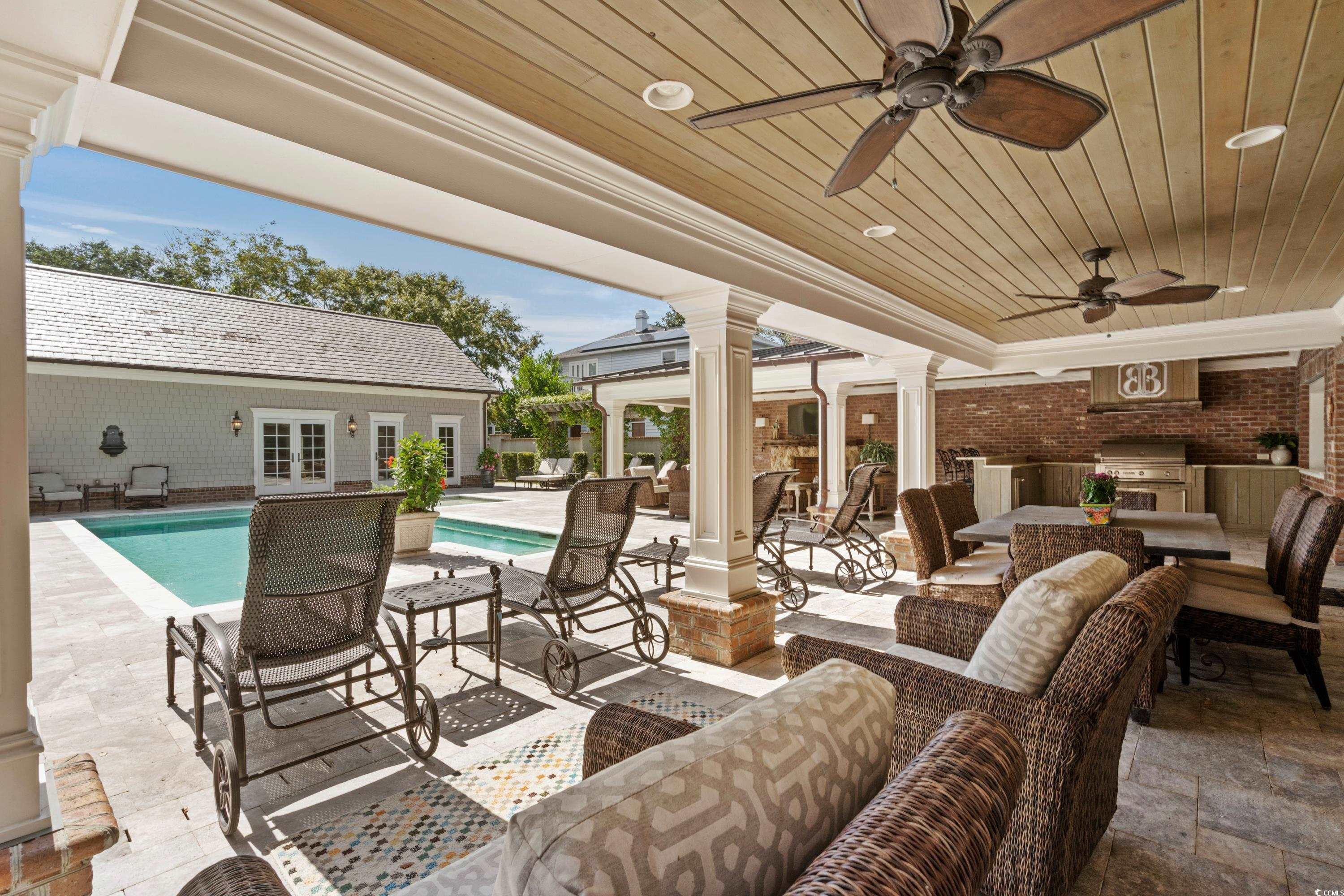 3601 North Ocean Boulevard Myrtle Beach, SC 29577 - Photo 33 of 38 Outdoor kitchen and entertainment overlooking the pool offer Al-fresco dining and leisure areas.