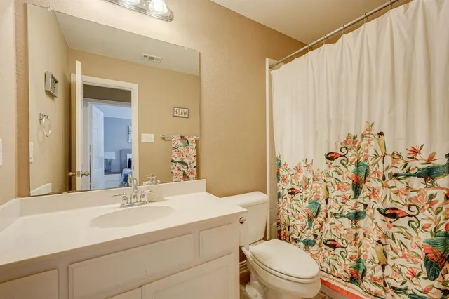 a bathroom with a sink a toilet and shower curtain