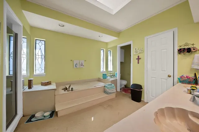 a bathroom with a tub a sink and a large mirror