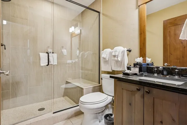 a bathroom with a sink toilet and shower