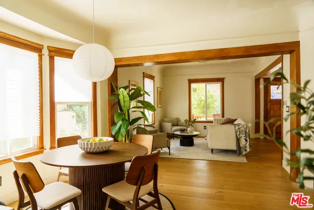 a view of a dining room with furniture window and wooden floor