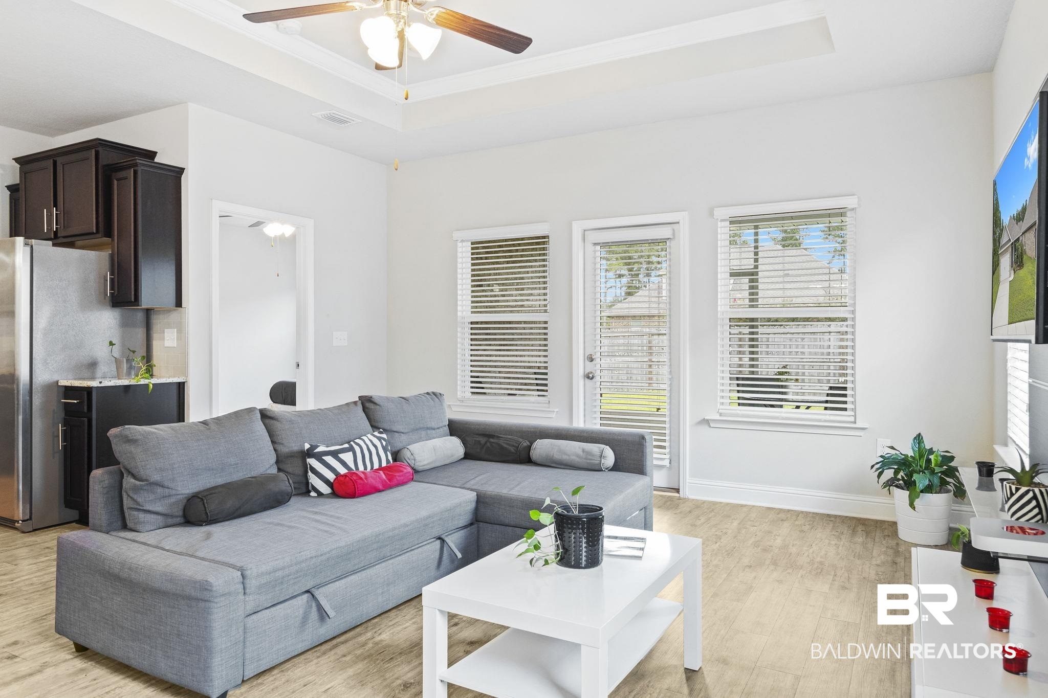 31643 Kestrel Loop Daphne, AL 36527 - Photo 6 of 59 Living room featuring a raised ceiling, ceiling fan, and light wood-type flooring