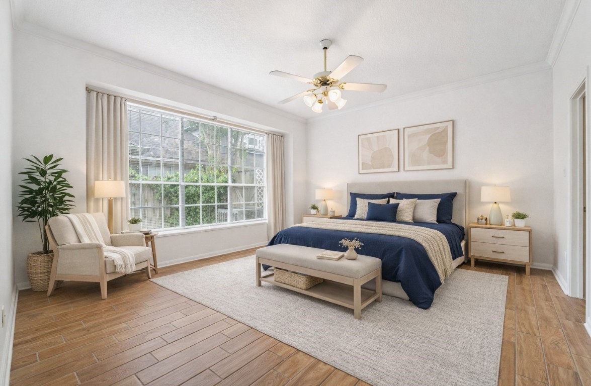 14420 Walters Road, Unit 55 Houston, TX 77014 - Photo 21 of 35 This is a spacious, bright bedroom featuring a large window with natural light, wooden flooring, and neutral decor. It includes a cozy sitting area, a ceiling fan, and modern furnishings.