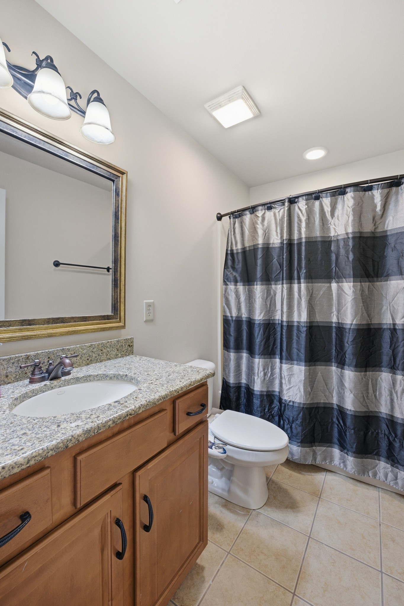 319 Hamlets End Way Franklin, TN 37067 - Photo 39 of 54 a bathroom with a granite countertop sink a toilet a mirror and shower