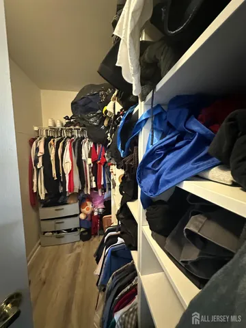 a view of walk in closet with clothes and shoes