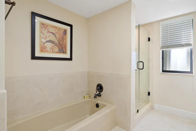 a bathroom with a bathtub and a shower