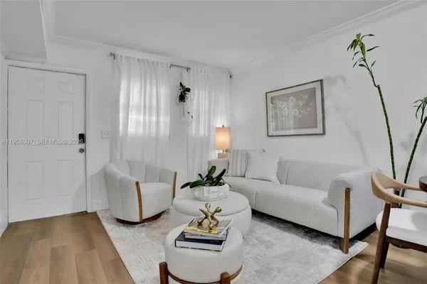 a living room with furniture and a potted plant