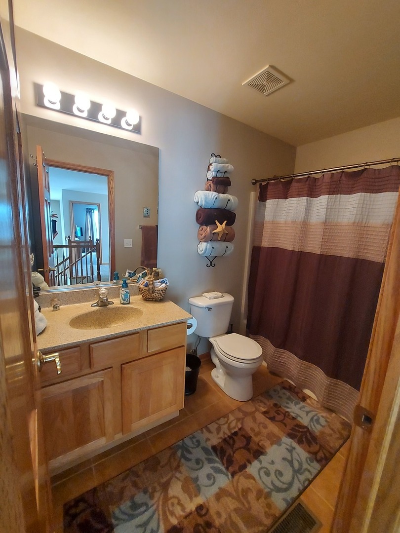 1022 Eineke Boulevard, Unit 1022 Algonquin, IL 60102 - Photo 16 of 18 a bathroom with a sink a toilet a mirror and shower curtain