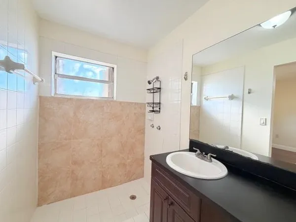 a bathroom with a sink a mirror and a bathtub