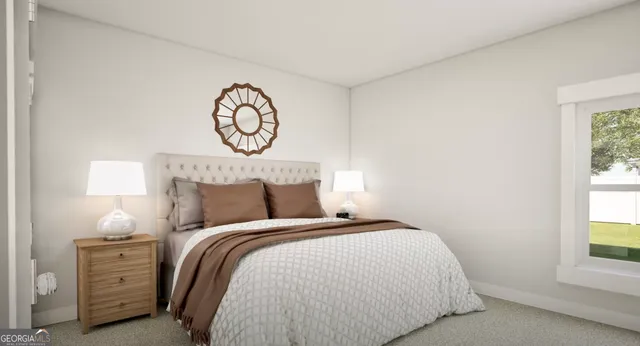 a bed room with a bed and a window