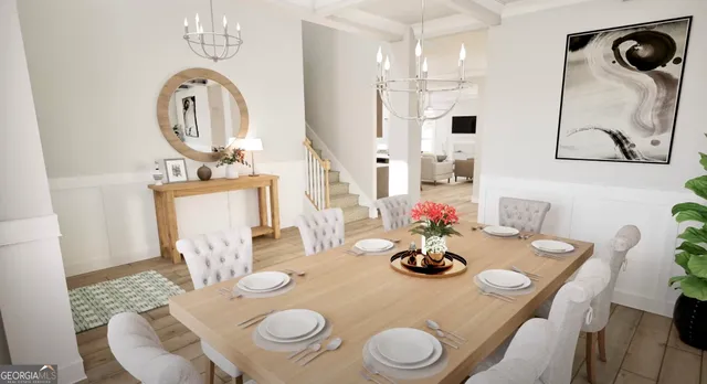 a view of a dining room with furniture a chandelier and wooden floor