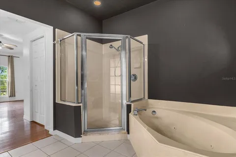 a bathroom with a bathtub and a shower