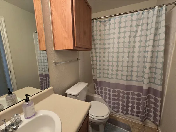 a bathroom with a sink a toilet and shower curtain