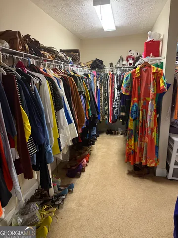 a view of walk in closet with clothes