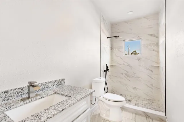 a bathroom with a granite countertop sink toilet and shower