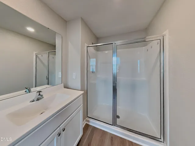 a bathroom with a shower sink vanity and mirror
