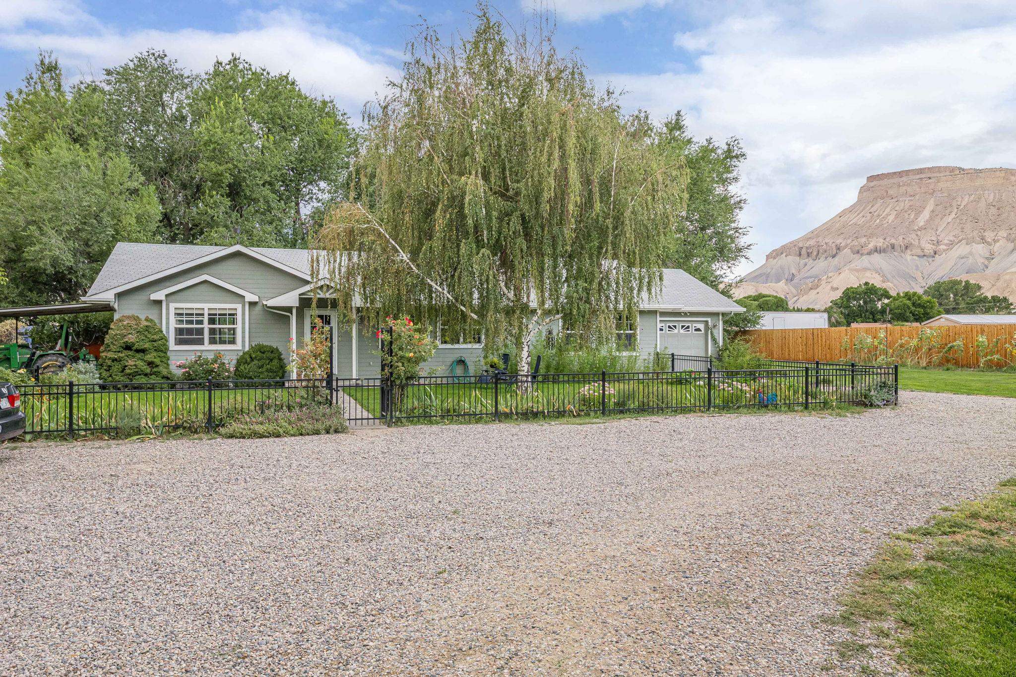 a view of house with a yard and potted plants