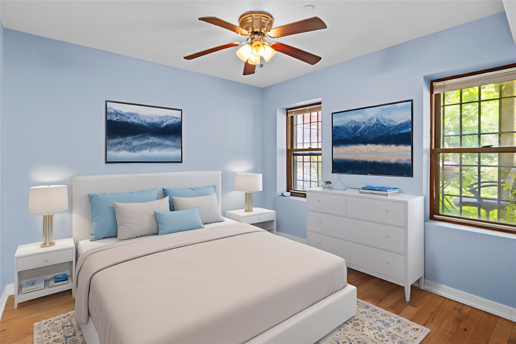 626 Madison Street Brooklyn, NY 11221 - Photo 35 of 42 Bedroom with baseboards, light wood-type flooring, and ceiling fan