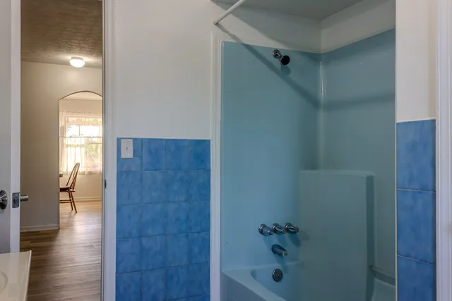 a bathroom with a bathtub and a shower