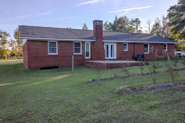 a view of a yard in front of a house with plants and large tree