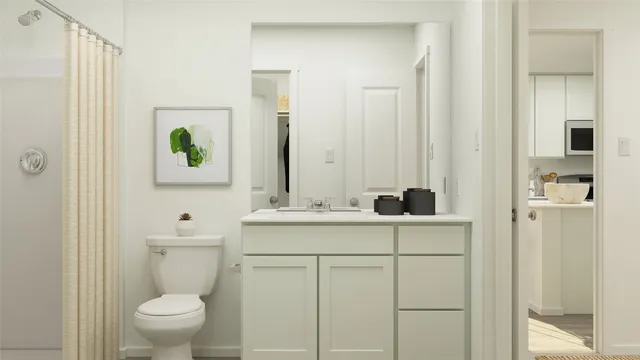 a bathroom with a granite countertop toilet sink and mirror