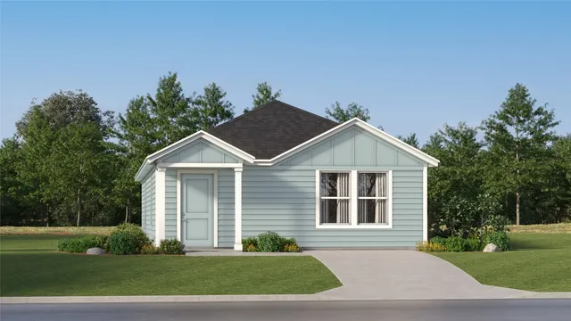 a view of a house with a yard and potted plants