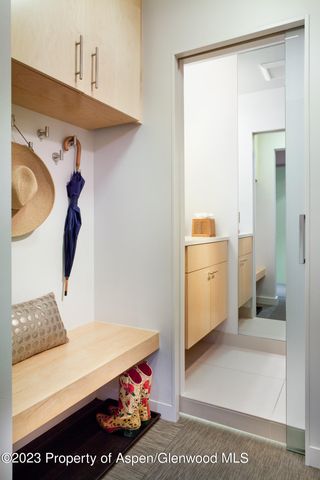 a bedroom with a bed and a walk in closet