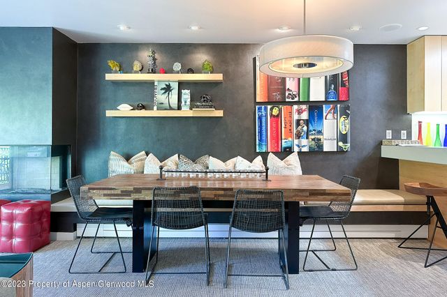 a view of a dining room with furniture