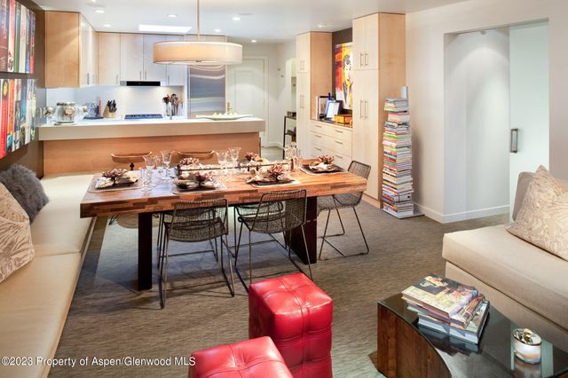 a view of a dining room with furniture