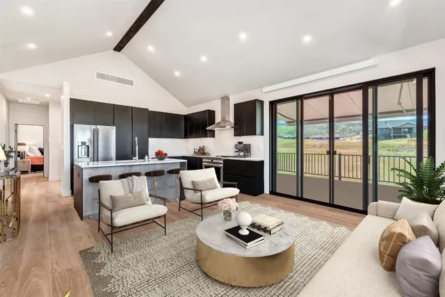 a living room with furniture and a view of kitchen