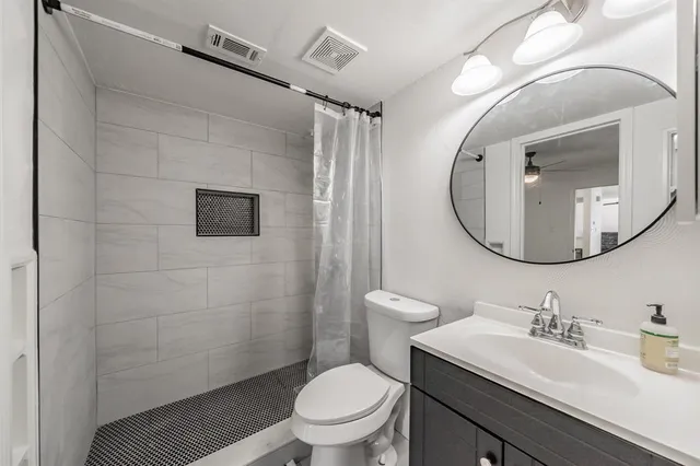 a bathroom with a toilet a sink a mirror and vanity
