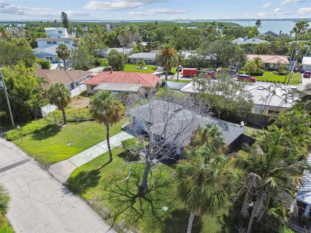 an aerial view of a house with a yard and potted plants