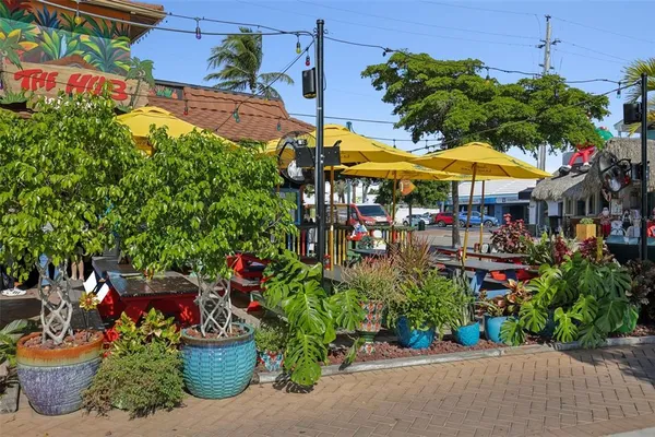 an outdoor space with lots of potted plants
