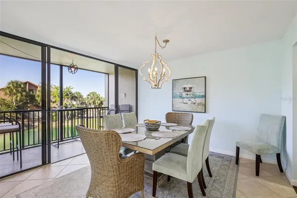 a view of a dining room with furniture window and outside view